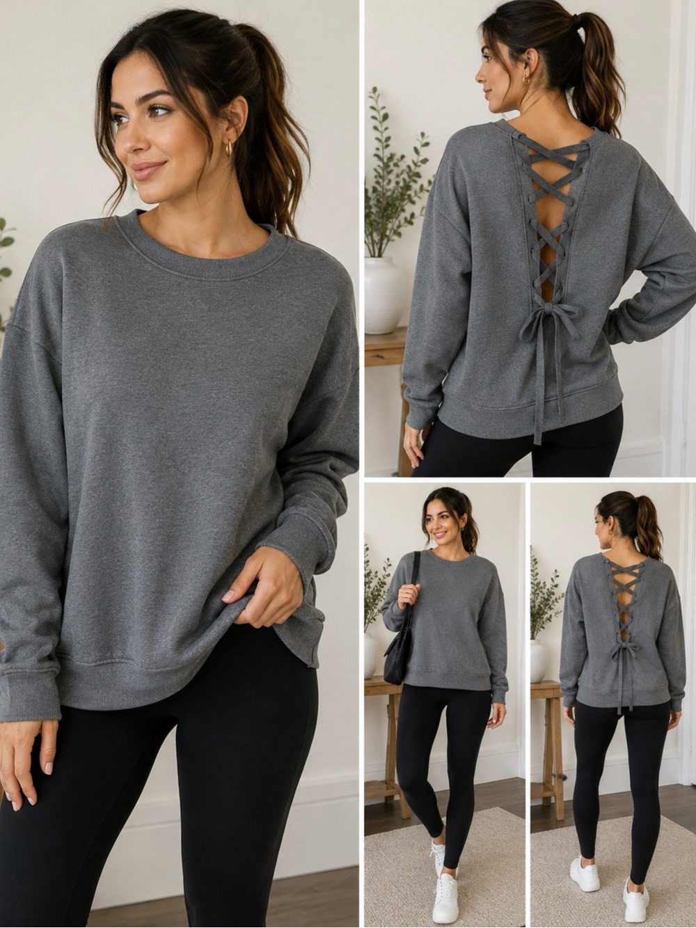 Fabletics Gray Lace-Up Back Oversized Sweatshirt Pullover Size XS
